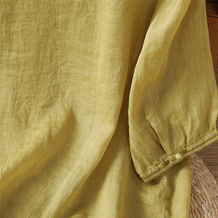 Camisa informal de poliéster con cuello en V y media manga con botones de rana y bordado de Buddha Stones para mujer - image 15