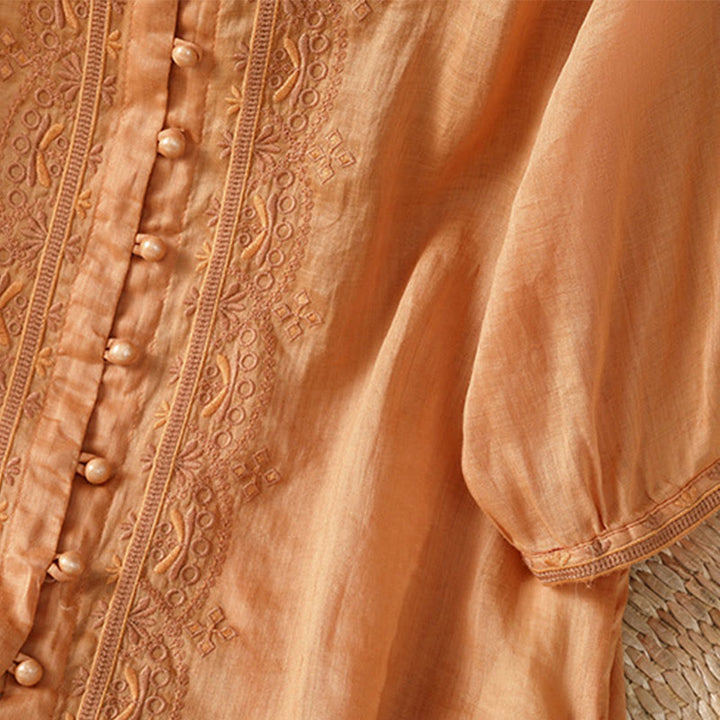 Camisa informal de poliéster con cuello en V y media manga con botones de rana y bordado de Buddha Stones para mujer - image 23