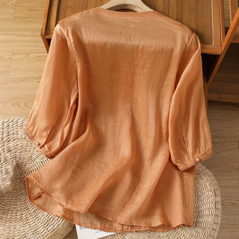 Camisa informal de poliéster con cuello en V y media manga con botones de rana y bordado de Buddha Stones para mujer - image 19