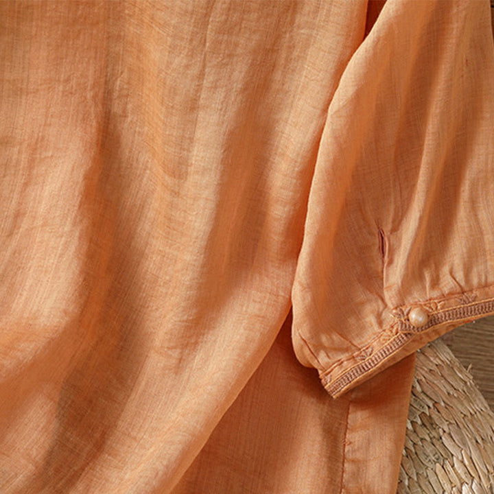 Camisa informal de poliéster con cuello en V y media manga con botones de rana y bordado de Buddha Stones para mujer - image 21