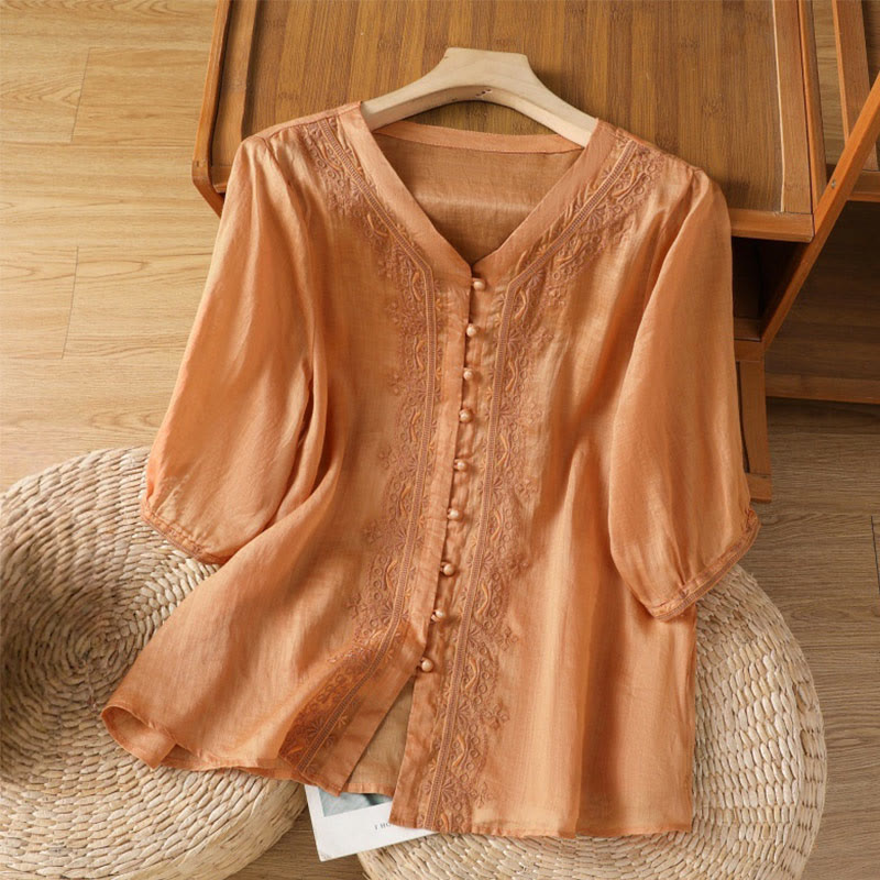 Camisa informal de poliéster con cuello en V y media manga con botones de rana y bordado de Buddha Stones para mujer - SandyBrown - US12, UK/AU16, EU44 (2XL) - image 18