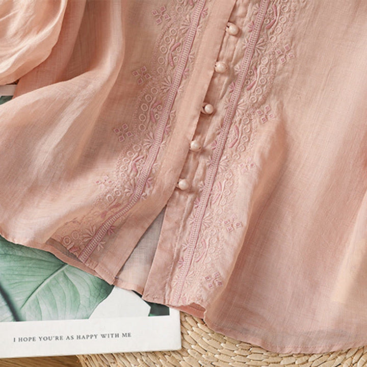 Camisa informal de poliéster con cuello en V y media manga con botones de rana y bordado de Buddha Stones para mujer - image 27