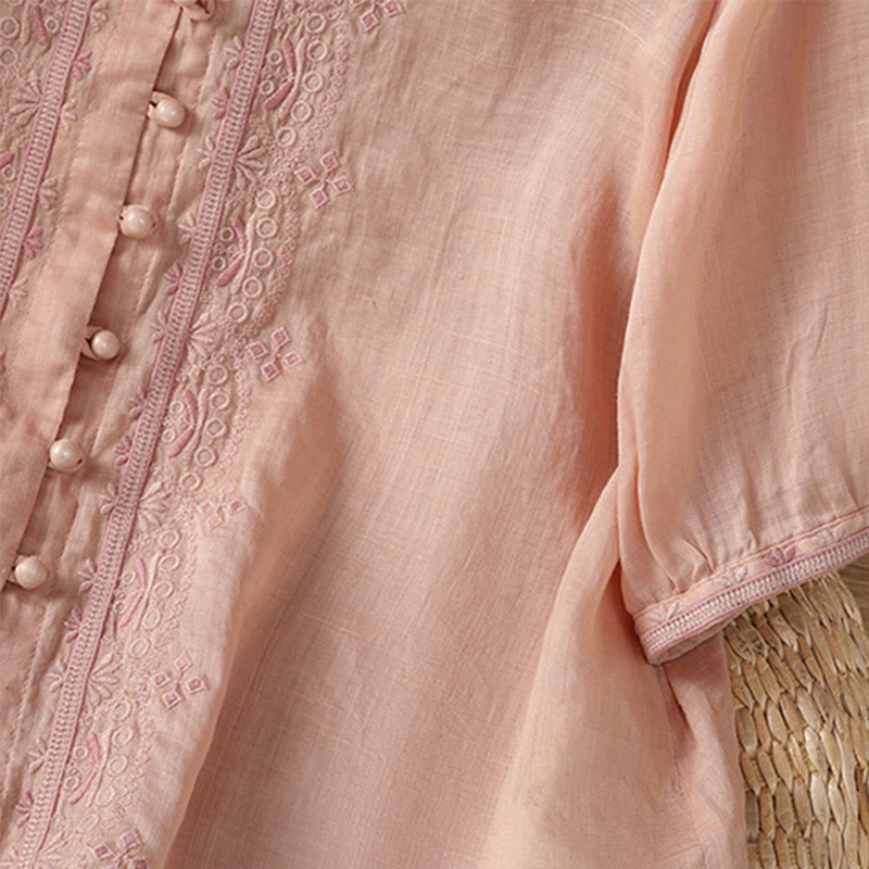 Camisa informal de poliéster con cuello en V y media manga con botones de rana y bordado de Buddha Stones para mujer - image 30