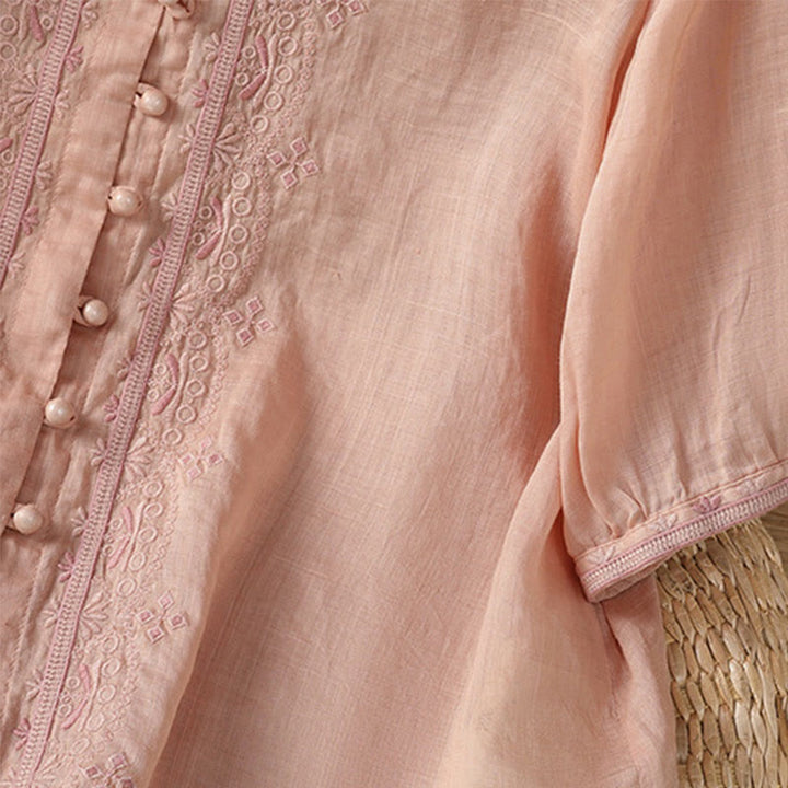 Camisa informal de poliéster con cuello en V y media manga con botones de rana y bordado de Buddha Stones para mujer - image 30