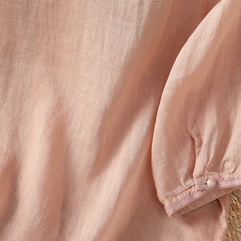 Camisa informal de poliéster con cuello en V y media manga con botones de rana y bordado de Buddha Stones para mujer - image 25