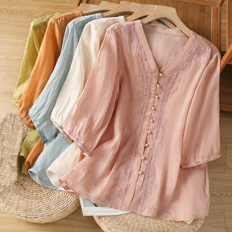 Camisa informal de poliéster con cuello en V y media manga con botones de rana y bordado de Buddha Stones para mujer - image 31