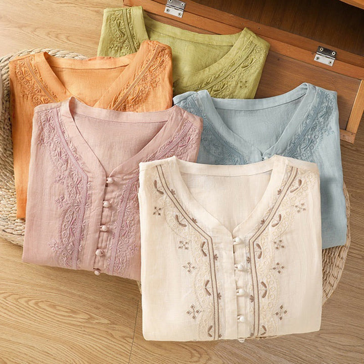 Camisa informal de poliéster con cuello en V y media manga con botones de rana y bordado de Buddha Stones para mujer - image 32