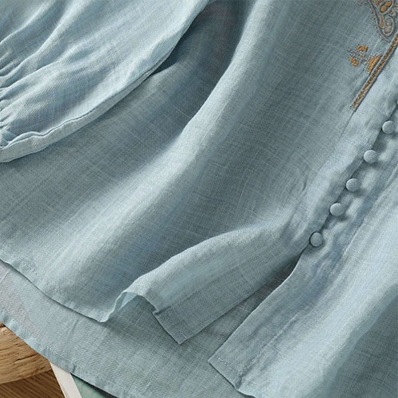 Camisa informal de poliéster con cuello en V, manga corta y botones, con bordado de Buddha Stones para mujer - image 4