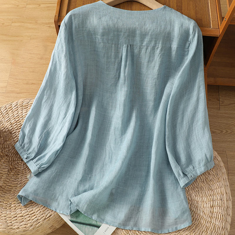 Camisa informal de poliéster con cuello en V, manga corta y botones, con bordado de Buddha Stones para mujer - image 1