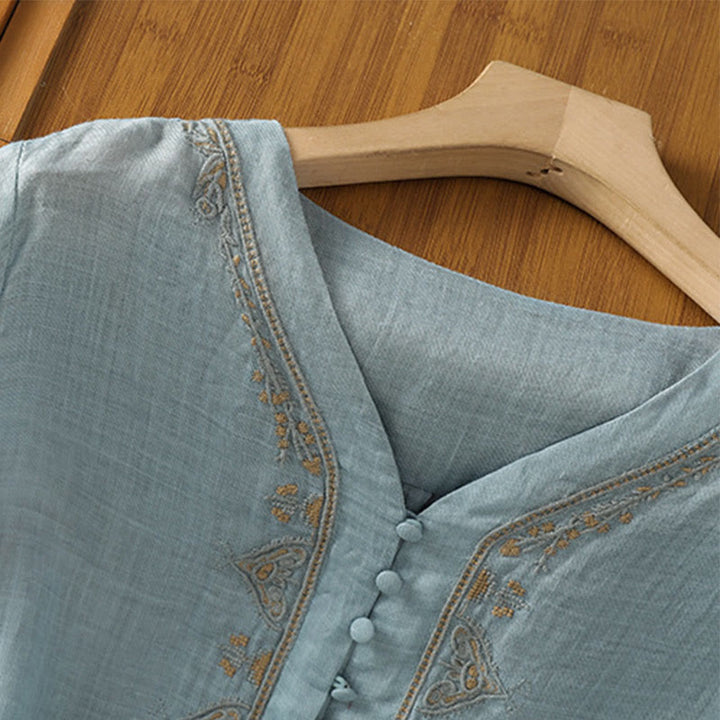 Camisa informal de poliéster con cuello en V, manga corta y botones, con bordado de Buddha Stones para mujer - image 6