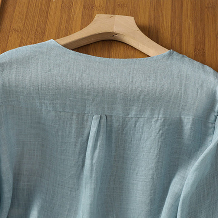 Camisa informal de poliéster con cuello en V, manga corta y botones, con bordado de Buddha Stones para mujer - image 3