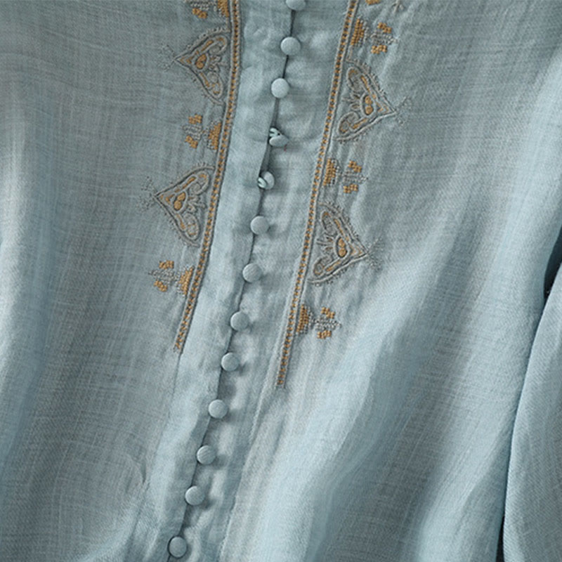 Camisa de mujer informal con cuello en V, botonadura sencilla y cuello en V, con bordado de Buddha Stones. - image 8