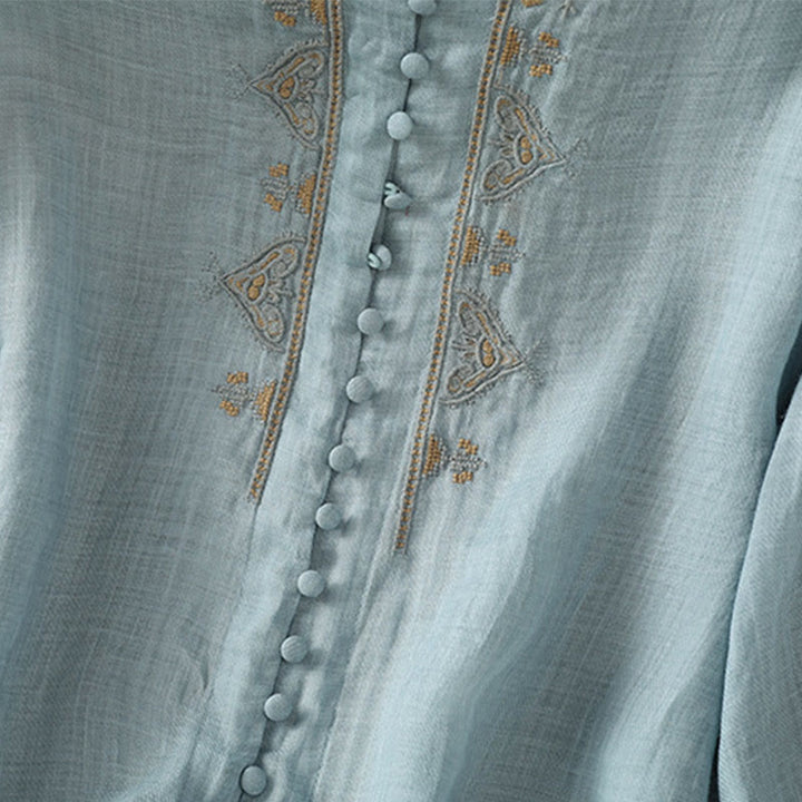 Camisa de mujer informal con cuello en V, botonadura sencilla y cuello en V, con bordado de Buddha Stones. - image 8