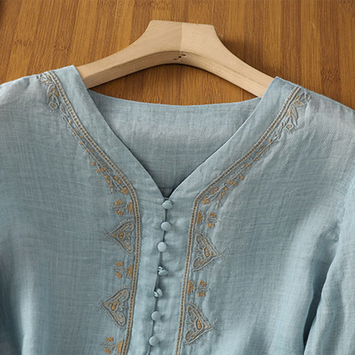 Camisa de mujer informal con cuello en V, botonadura sencilla y cuello en V, con bordado de Buddha Stones. - image 2