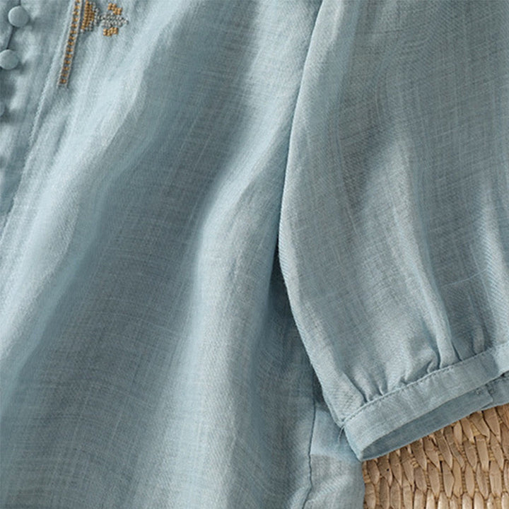 Camisa informal de poliéster con cuello en V, manga corta y botones, con bordado de Buddha Stones para mujer - image 5