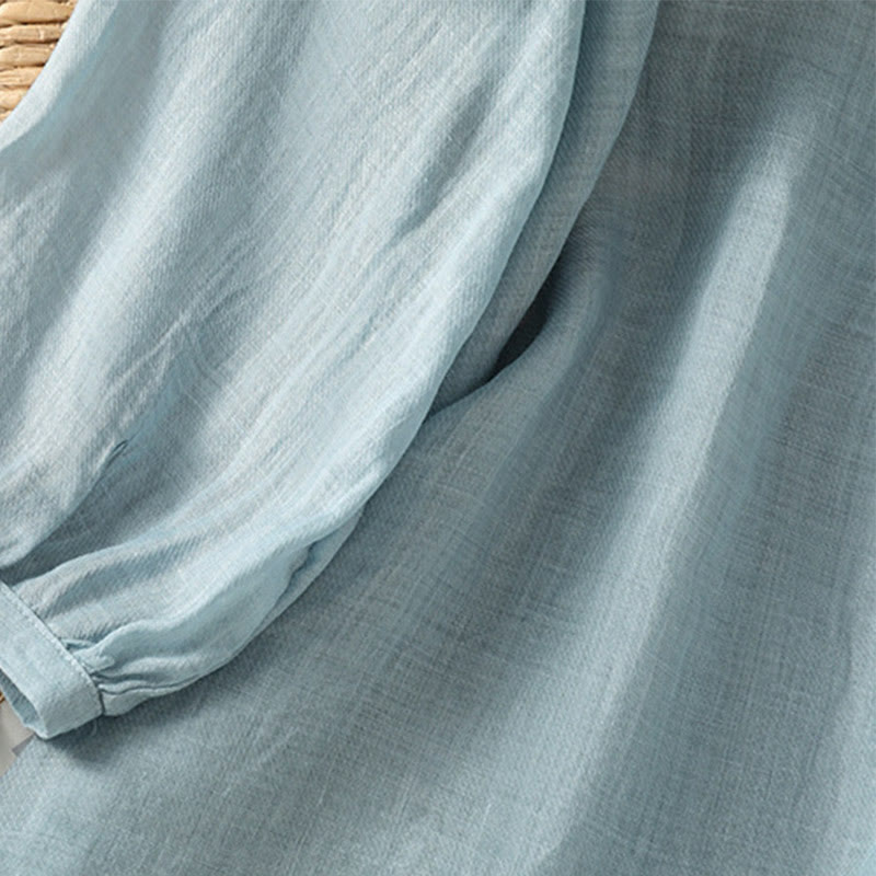 Camisa informal de poliéster con cuello en V, manga corta y botones, con bordado de Buddha Stones para mujer - image 9