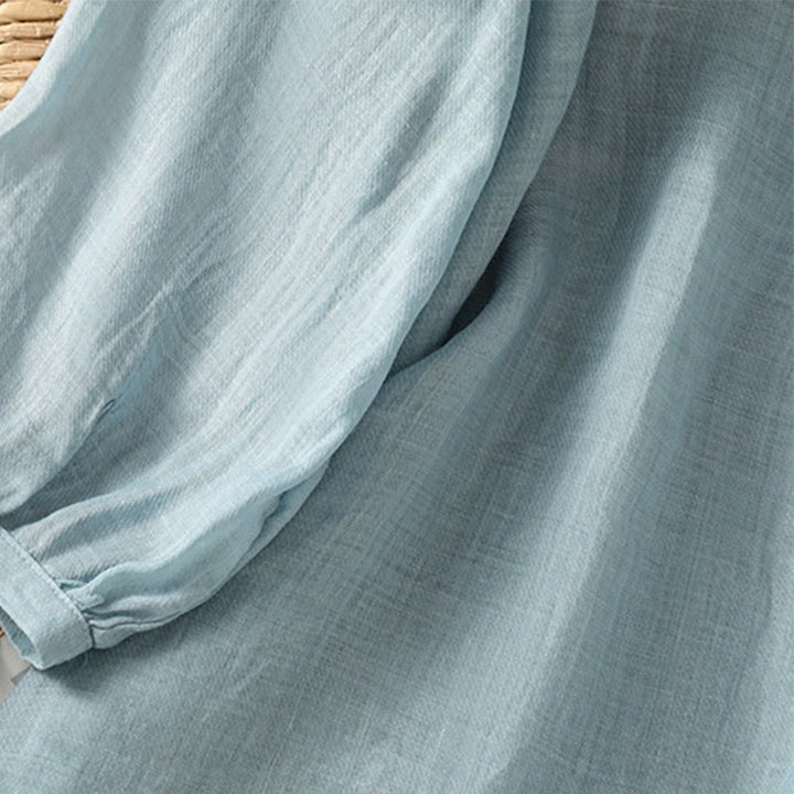 Camisa informal de poliéster con cuello en V, manga corta y botones, con bordado de Buddha Stones para mujer - image 9