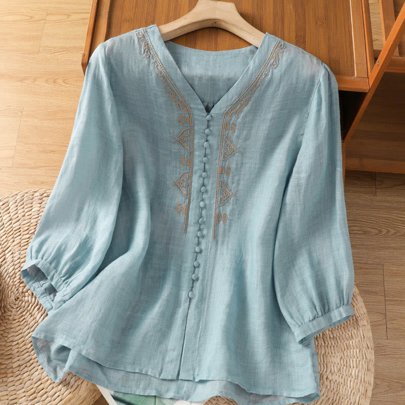 Camisa informal de poliéster con cuello en V, manga corta y botones, con bordado de Buddha Stones para mujer - Celeste - US8-10，UK/AU12-14，EU40-42 (2XL) - image 0