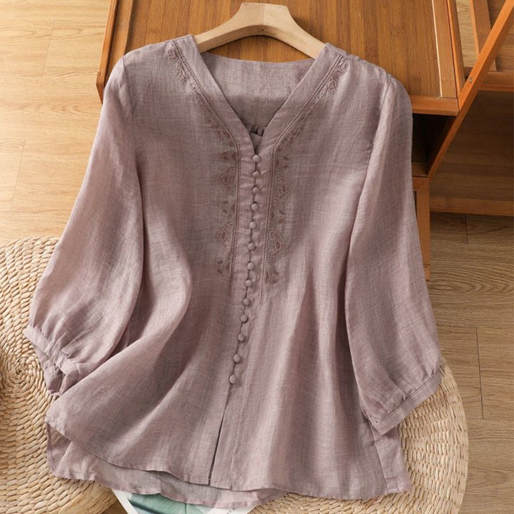 Camisa informal de poliéster con cuello en V, manga corta y botones, con bordado de Buddha Stones para mujer - Cardo - US8-10，UK/AU12-14，EU40-42 (2XL) - image 10