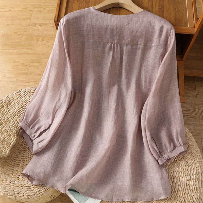 Camisa de mujer informal con cuello en V, botonadura sencilla y cuello en V, con bordado de Buddha Stones. - image 11