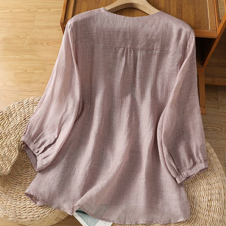 Camisa de mujer informal con cuello en V, botonadura sencilla y cuello en V, con bordado de Buddha Stones. - image 11