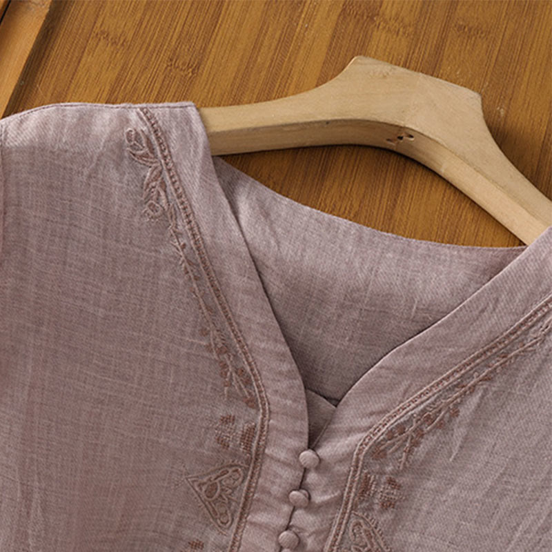 Camisa informal de poliéster con cuello en V, manga corta y botones, con bordado de Buddha Stones para mujer - image 14