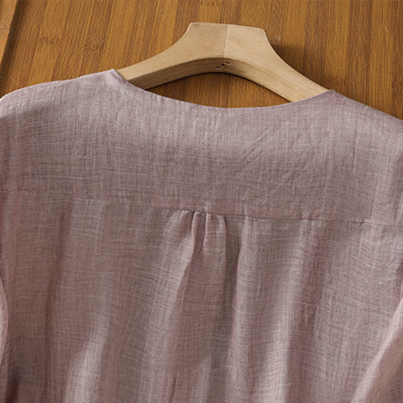 Camisa informal de poliéster con cuello en V, manga corta y botones, con bordado de Buddha Stones para mujer - image 15