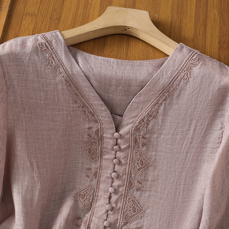 Camisa informal de poliéster con cuello en V, manga corta y botones, con bordado de Buddha Stones para mujer - image 18