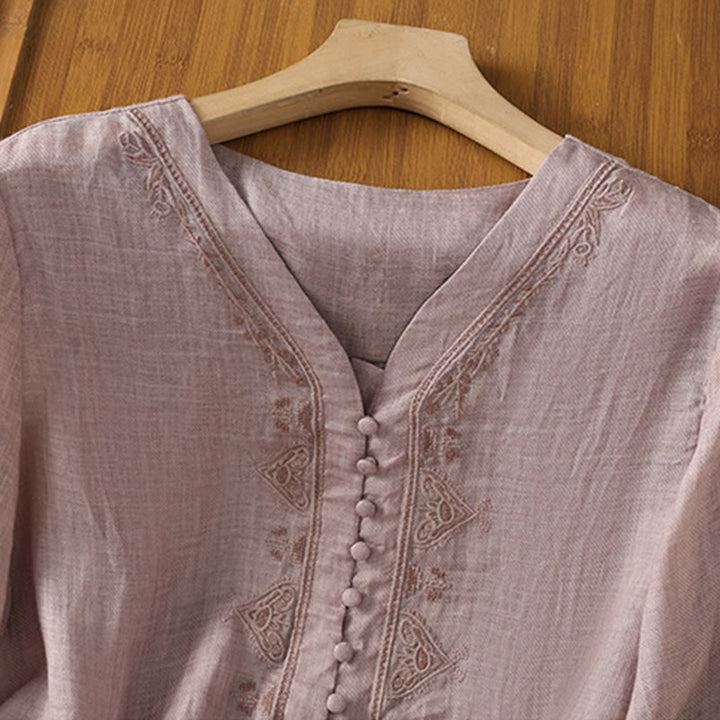 Camisa informal de poliéster con cuello en V, manga corta y botones, con bordado de Buddha Stones para mujer - image 18