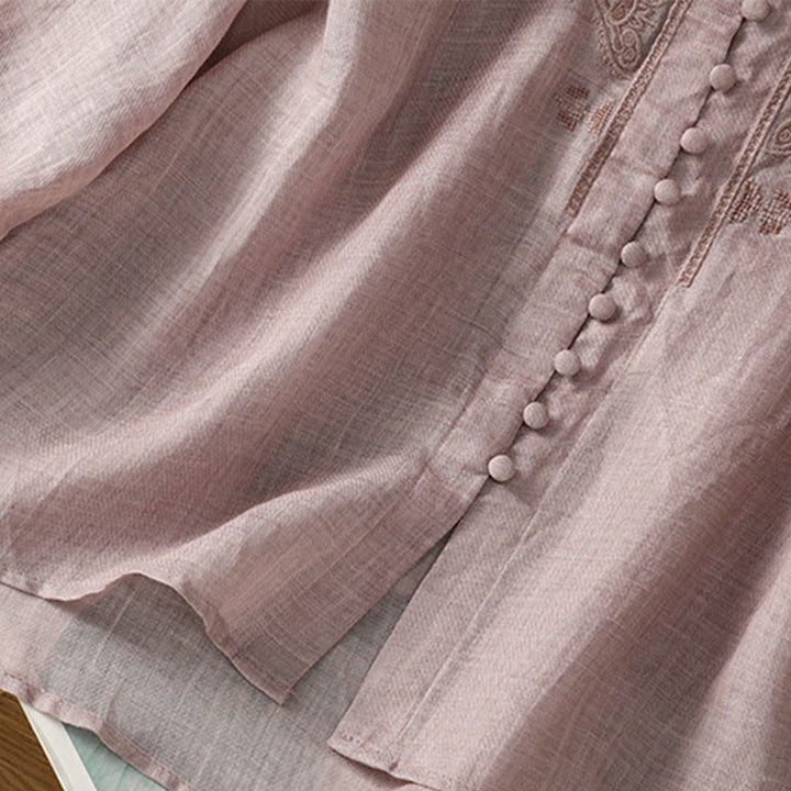 Camisa de mujer informal con cuello en V, botonadura sencilla y cuello en V, con bordado de Buddha Stones. - image 17