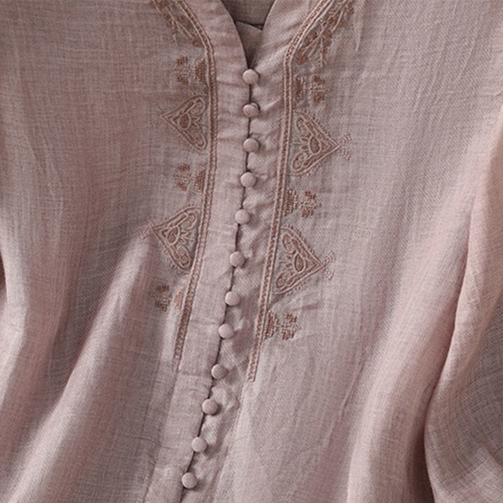 Camisa informal de poliéster con cuello en V, manga corta y botones, con bordado de Buddha Stones para mujer - image 13