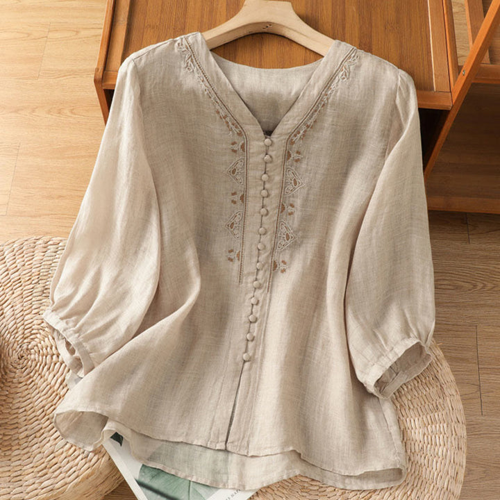 Camisa informal de poliéster con cuello en V, manga corta y botones, con bordado de Buddha Stones para mujer - Beige - US8-10，UK/AU12-14，EU40-42 (2XL) - image 19