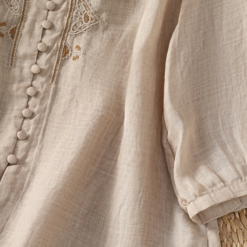 Camisa informal de poliéster con cuello en V, manga corta y botones, con bordado de Buddha Stones para mujer - image 23