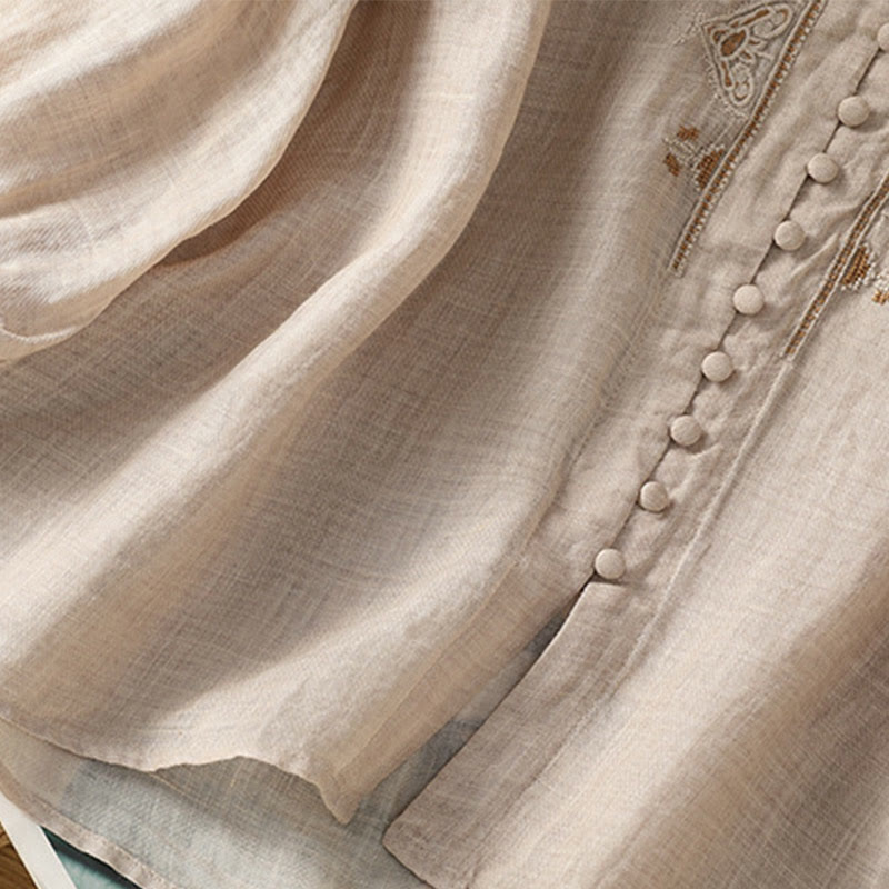 Camisa informal de poliéster con cuello en V, manga corta y botones, con bordado de Buddha Stones para mujer - image 27