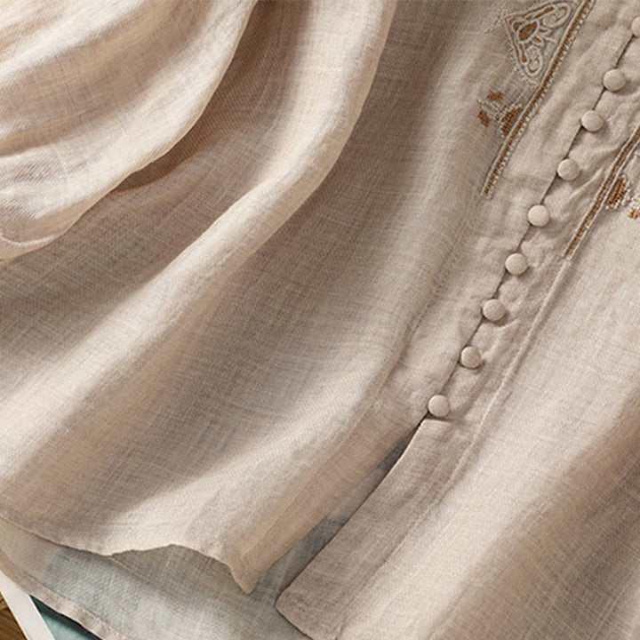 Camisa informal de poliéster con cuello en V, manga corta y botones, con bordado de Buddha Stones para mujer - image 27