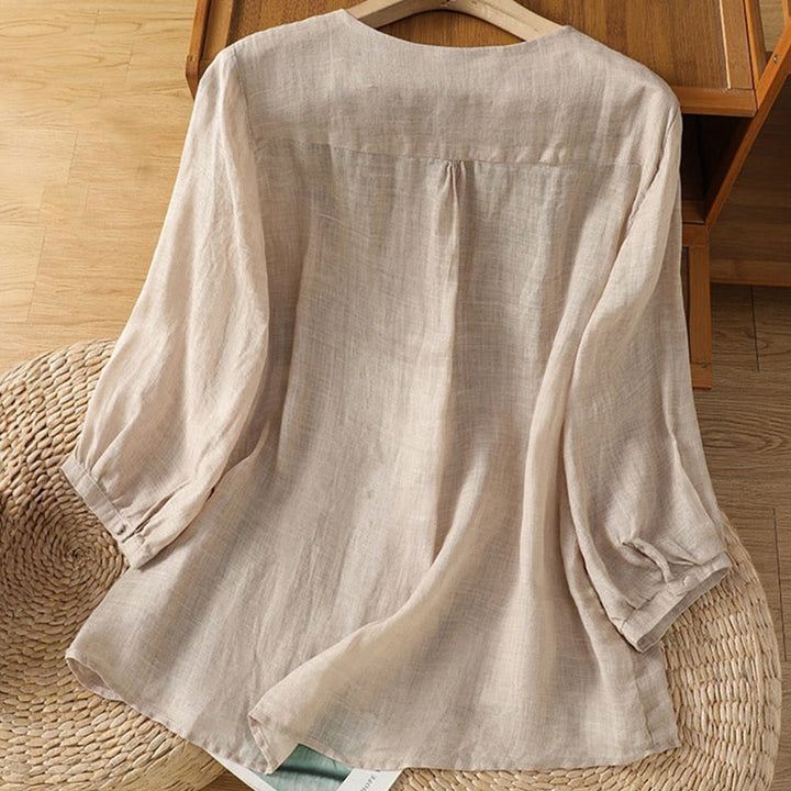 Camisa de mujer informal con cuello en V, botonadura sencilla y cuello en V, con bordado de Buddha Stones. - image 20