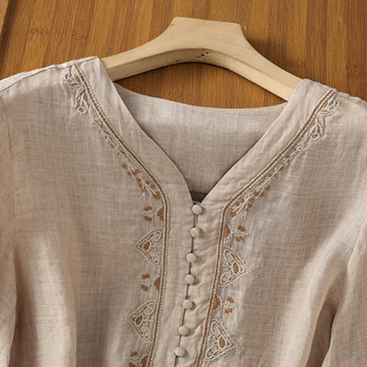 Camisa informal de poliéster con cuello en V, manga corta y botones, con bordado de Buddha Stones para mujer - image 21