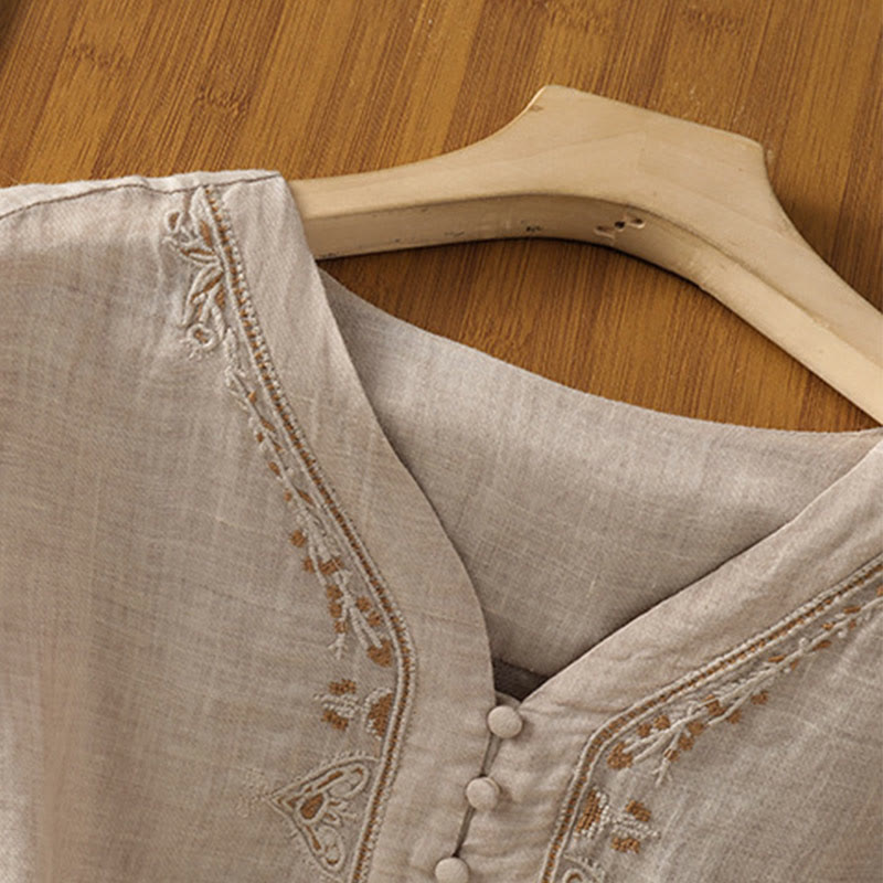 Camisa informal de poliéster con cuello en V, manga corta y botones, con bordado de Buddha Stones para mujer - image 24