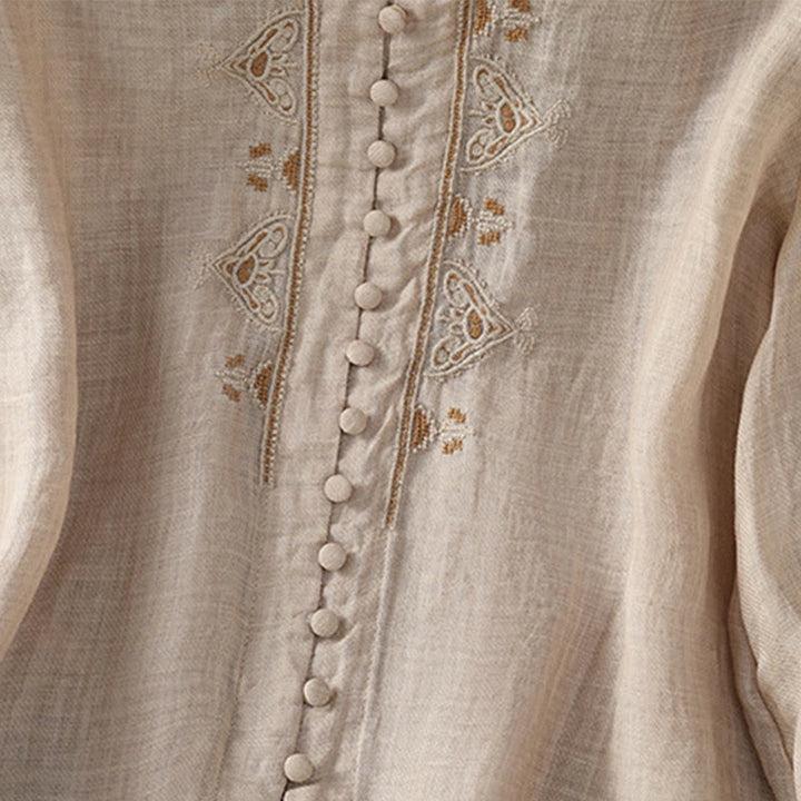 Camisa informal de poliéster con cuello en V, manga corta y botones, con bordado de Buddha Stones para mujer - image 26