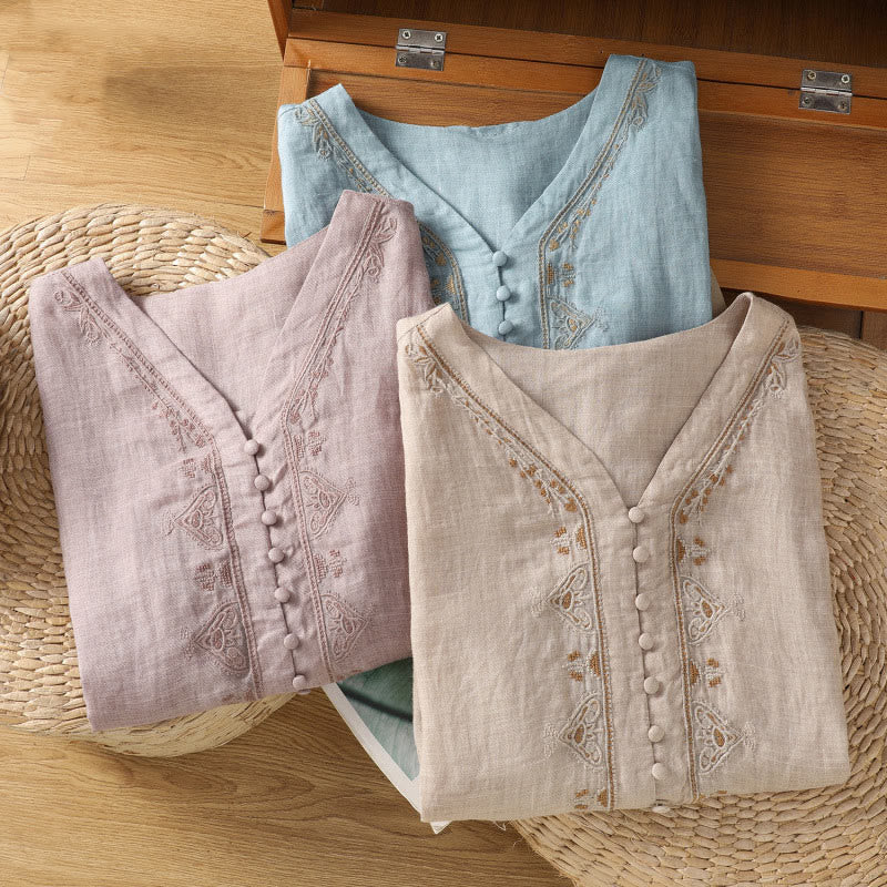 Camisa informal de poliéster con cuello en V, manga corta y botones, con bordado de Buddha Stones para mujer - image 29