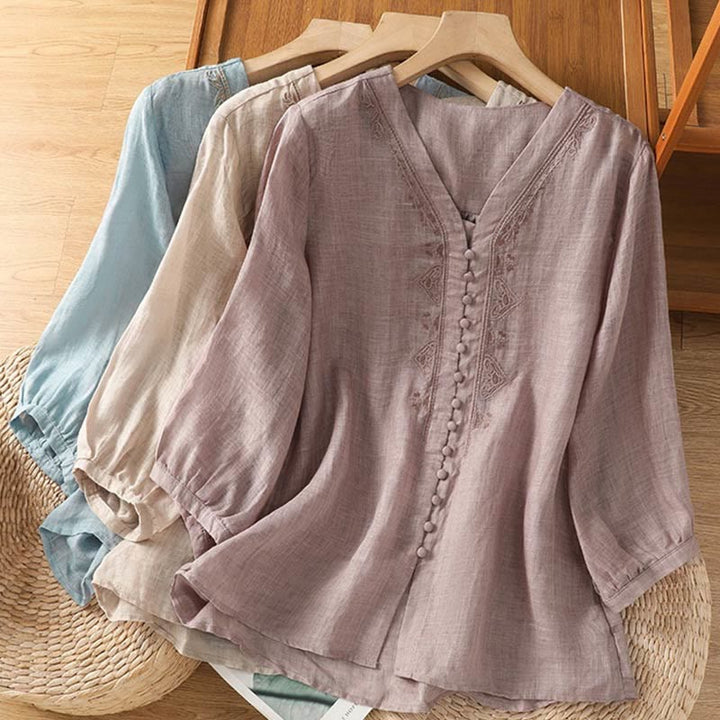 Camisa de mujer informal con cuello en V, botonadura sencilla y cuello en V, con bordado de Buddha Stones. - image 28