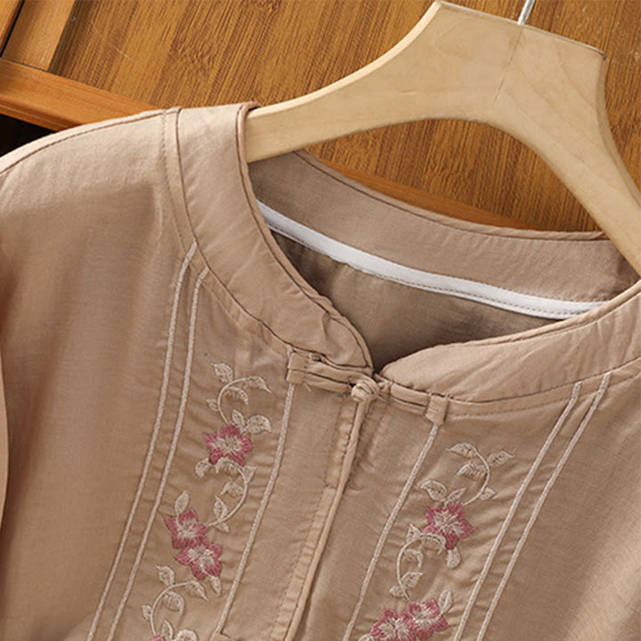 Camisa informal de algodón y poliéster con cuello alto y media manga para mujer, con bordado de Buddha Stones de rana - image 3