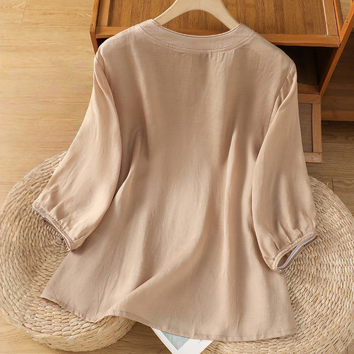 Camisa informal de algodón y poliéster con cuello alto y media manga para mujer, con bordado de Buddha Stones de rana - image 1