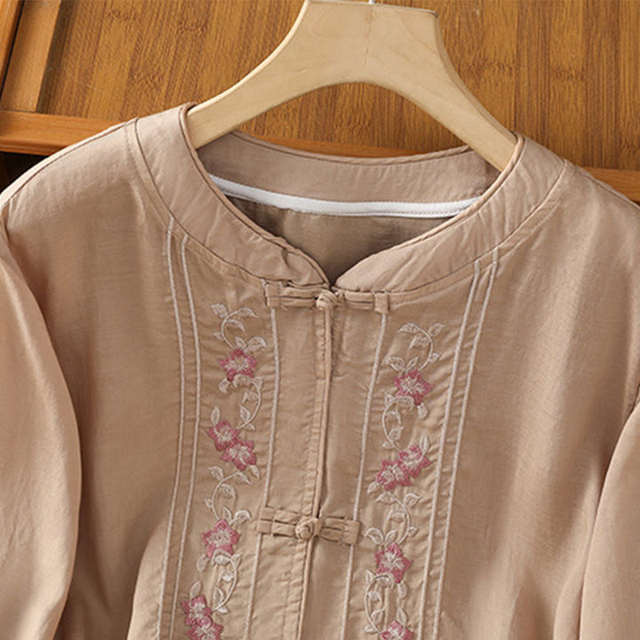 Camisa informal de algodón y poliéster con cuello alto y media manga para mujer, con bordado de Buddha Stones de rana - image 2