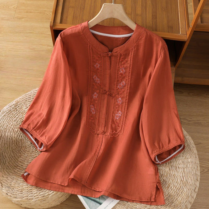 Camisa informal de algodón y poliéster con cuello alto y media manga para mujer, con bordado de Buddha Stones de rana - Tomate - US8-10，UK/AU12-14，EU40-42 (2XL) - image 12