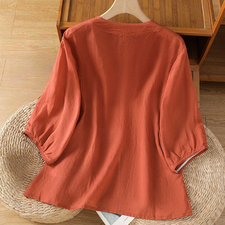 Camisa informal de algodón y poliéster con cuello alto y media manga para mujer, con bordado de Buddha Stones de rana - image 13