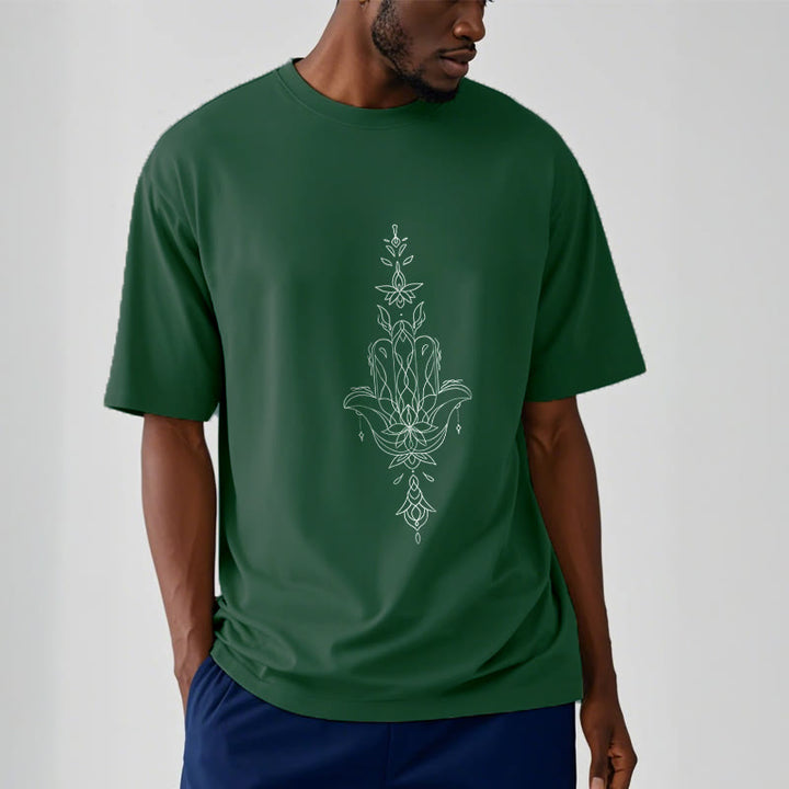 Camiseta con estampado de flor de loto y mano de Hamsa con Buddha Stones - image 12