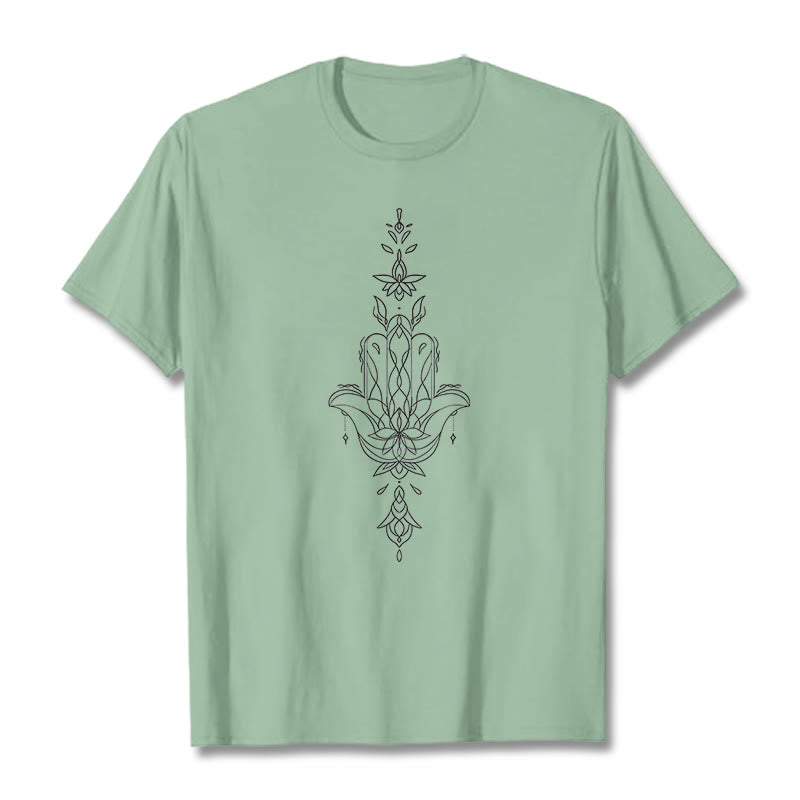 Camiseta con estampado de flor de loto y mano de Hamsa con Buddha Stones - Verde pálido - 2XL - image 15
