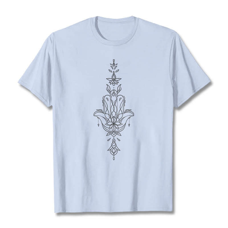 Camiseta con estampado de flor de loto y mano de Hamsa con Buddha Stones - Cian claro - 2XL - image 0