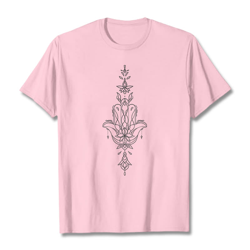 Camiseta con estampado de flor de loto y mano de Hamsa con Buddha Stones - rosa claro - 2XL - image 13